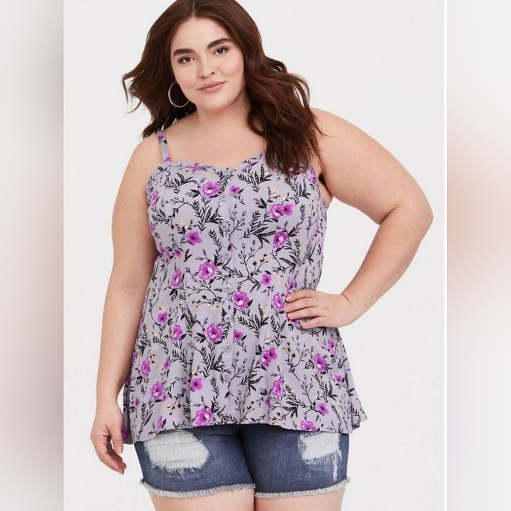 Torrid Purple and Pink Button Front Sweatheart Challis Seamed Cami - Size 2